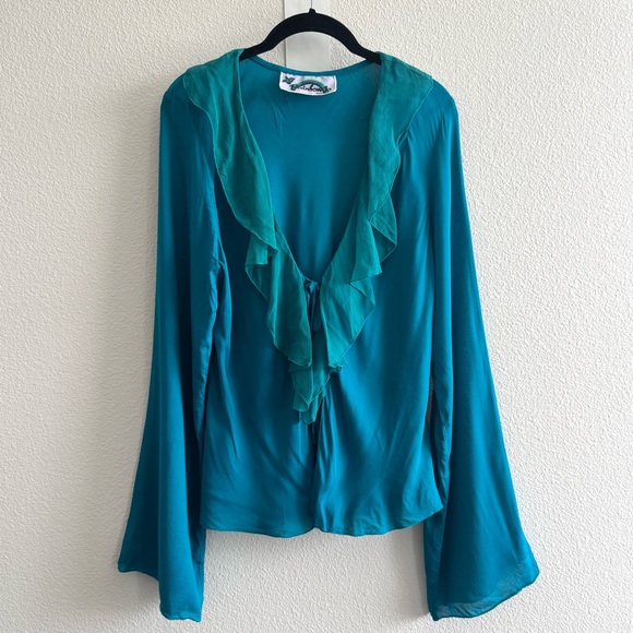 Rainbow Jo Blue Open Front Rayon Silk Bell Sleeve Blouse Ruffle Collar Boho - Picture 2 of 10